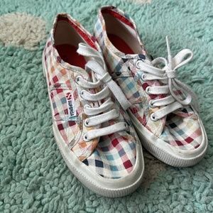 Superga 2750 Cotu Classic Shoe Y US 2.5 EU 34 White Red Gingham Check Sneaker